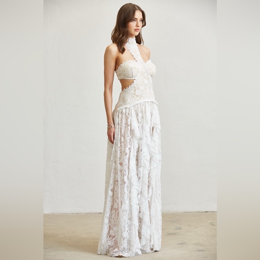 Lace Ruffle Drop Waist Maxi Dress with Cutouts - BLITHE - Picture 4 of 4